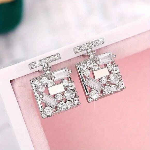 Silver Earrings Stud Square-shaped zircon - Picture 1 of 5
